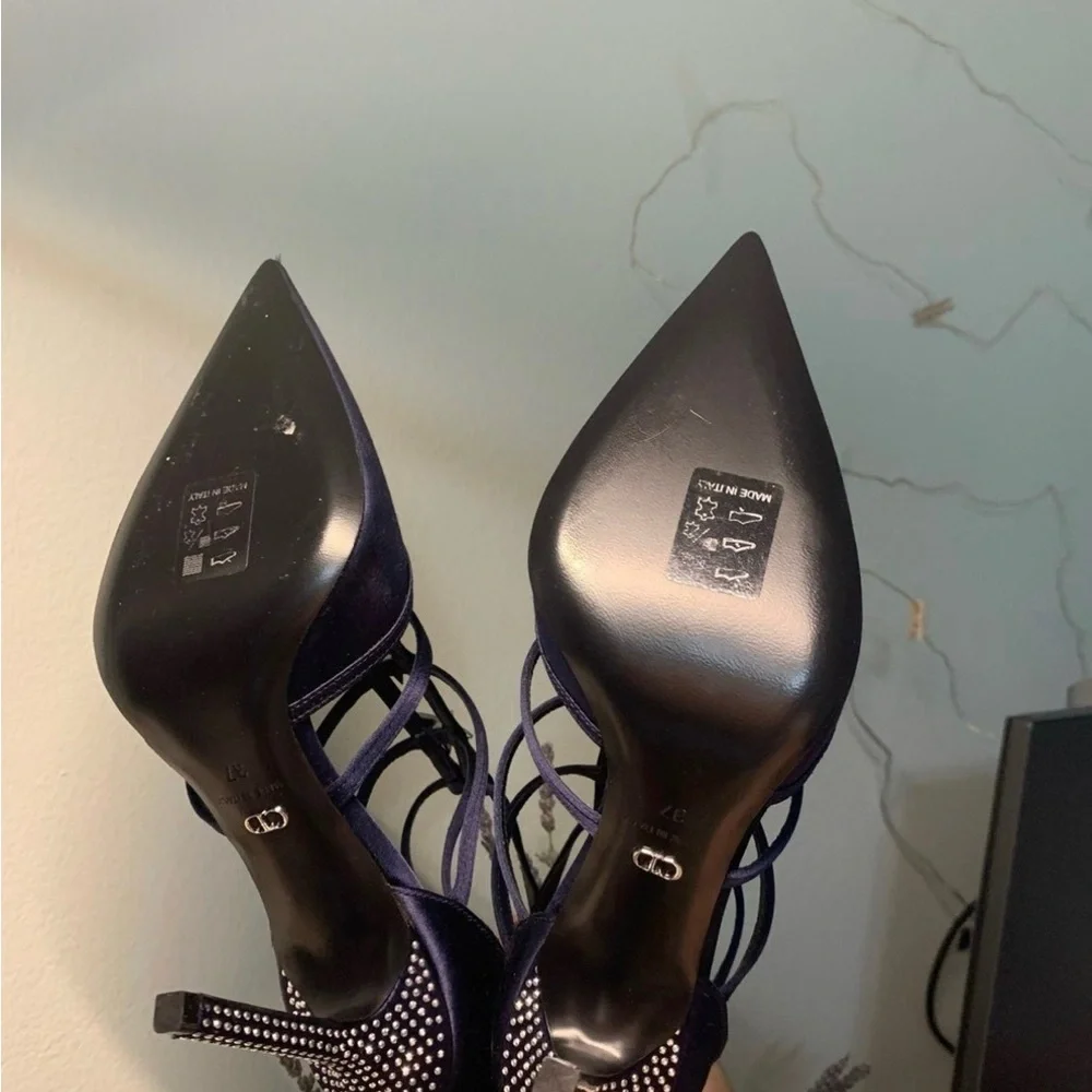 Dior Navy Satin Star-Strap High Heels - Picture 2 of 5